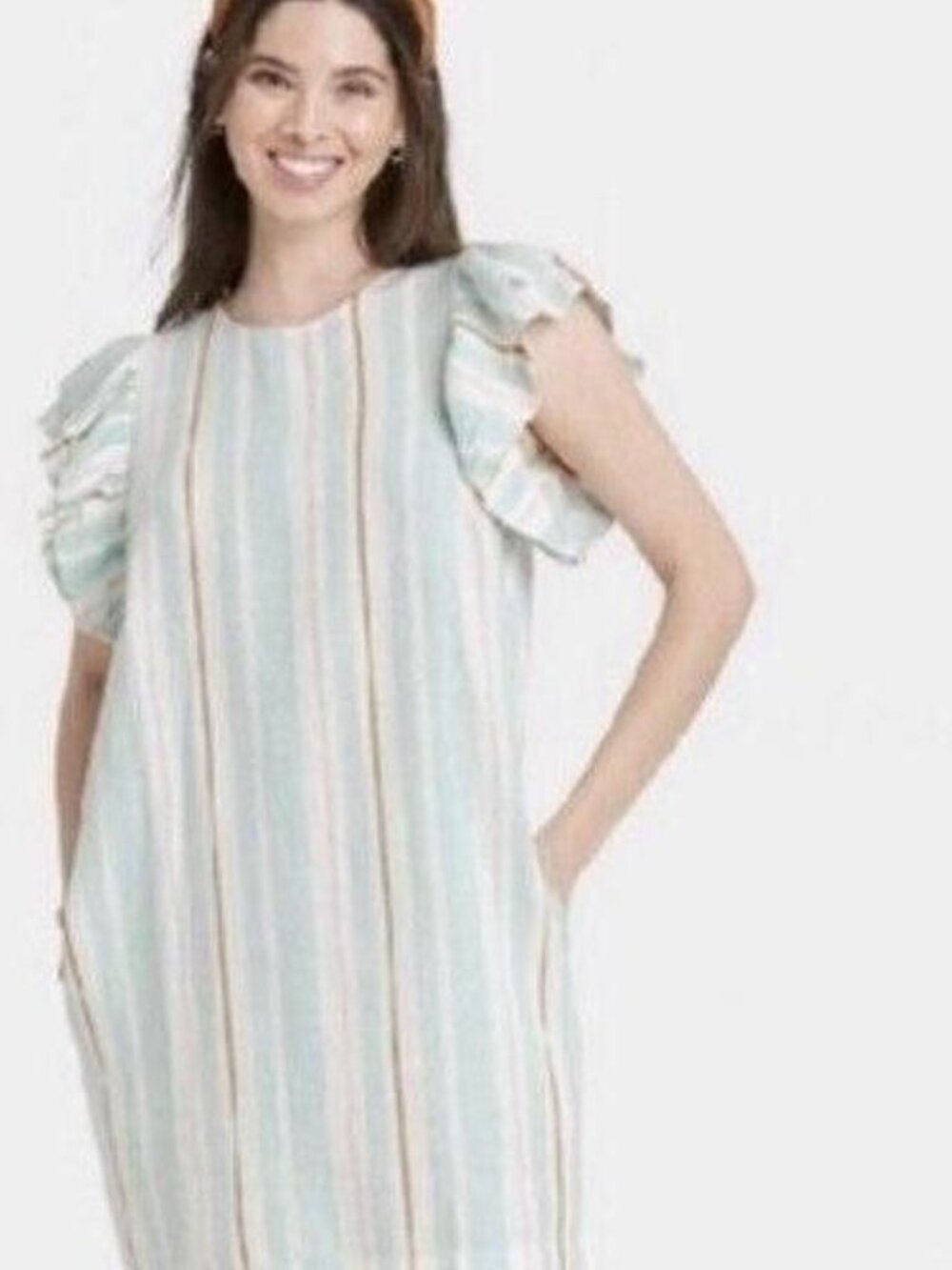 A New Day Target Striped Linen Blend Flutter Sleeve Shift Dress Size L NWOT